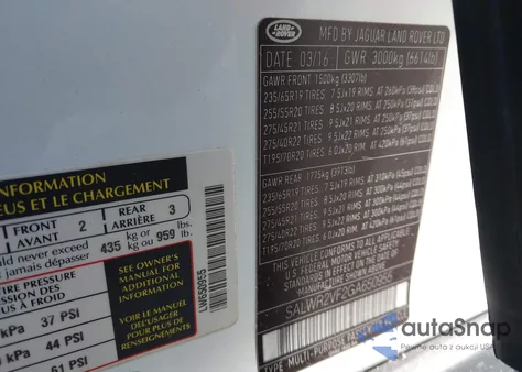 2016 Land Rover Range Rover Sport 3.0L V6 Supercharged Hse z USA, uszkodzony, nr VIN SALWR2VF2GA650955